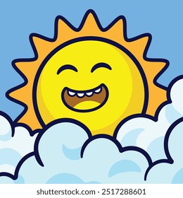 Sun behind a cloud over blue sky cartoon character illustration