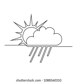 The sun behind the cloud and the rain is drawn by one black line on a white background. One-line drawing. Continuous line. Vector Eps10