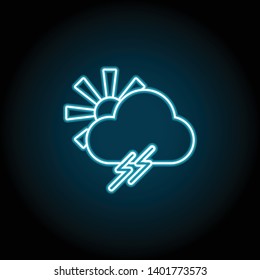 The sun behind the cloud, thunderstorm neon icon. Simple thin line, outline vector of Weather icons for UI and UX, website or mobile application on dark blue gradient background