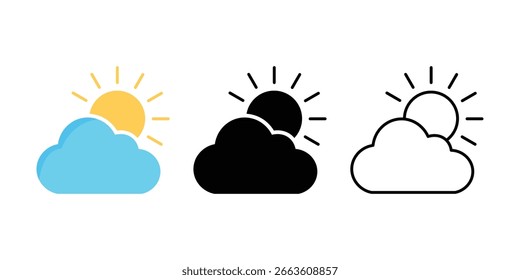 Sol detrás de los íconos del Clima de la nube para pronósticos e informes climáticos. Ilustración vectorial del conjunto de íconos del Clima