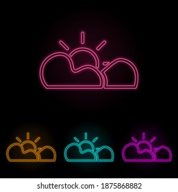 el sol detrás de las nubes color neón set. Línea delgada simple, vector de contorno de iconos web para ui y ux, sitio web o aplicación móvil