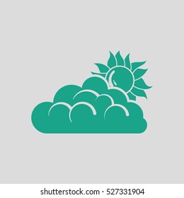 Sun behind clouds icon. Gray background with green. Vector illustration.