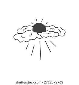 Sol detrás de las nubes. Símbolo de cielo mínimo dibujado en estilo de tinta, ilustraciones de Vector dibujadas a mano abstractas para diseños temáticos de naturaleza decorativa