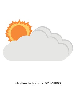 Sun behind clouds, sunny cloudy weather flat design icon
