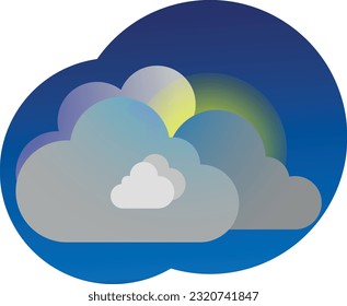 The sun behind the clouds. Vector illustration. Blue and gray clouds with a gradient. Behind them is a glint of yellow sun. Dark blue background behind.