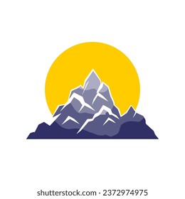 Sun behind the mountains. Cartoon mountains with the sun behind them. Sunrise behind the mountains. Vector illustration.