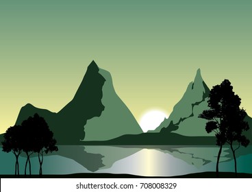 Sun behind mountains, lake and trees 
vector mountain landscape illustration