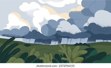 Sun behind rainy clouds, overcast cloudy sky and downpour. Weather change. Landscape background, nature scenery with heavy rain, storm and sunlight rays after rainclouds. Flat vector illustration