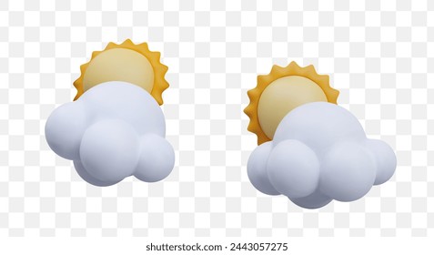 Sun behind white realistic cloud. Set of weather illustrations in cartoon style