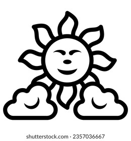 Sun between the clouds line icon, weather and climate concept, sunshine in the sky vector sign on white background, outline style icon for mobile concept and web design. Vector graphics