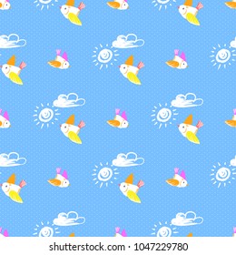 Sun and bird with cloud seamless pattern and flying birds, sunshine and sun rays, collection of icons, vector illustration isolated on blue background