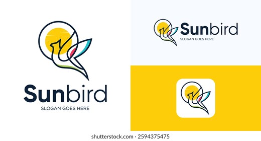 Sun bird logo design, Monoline flying bird combination with sun icon, Hummingbird, Falcon, Hawk, Bird logo with line art outline style, Minimalist modern symbol bird vector design template inspiration