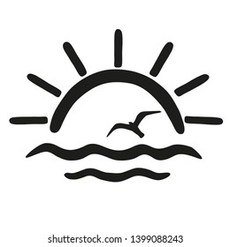  Sun, bird and sea. Vector icon isolated on black background.
