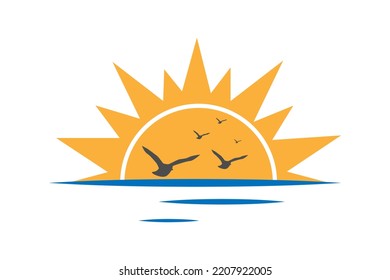 Sun, birds and sea symbol. Holiday concept. Sunset or sunrise. Isolated vector illustration
