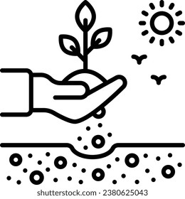 Sun, Birds and soil vector icon design, Lawn and Gardening symbol, Farm and Plant sign, agriculture and horticulture equipment illustration, grower or horticulturist holding plant in fields concept