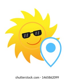Sun in black glasses and pin geolocation. Vector symbol, symbol, icon.
