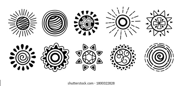 Sun black glyph doodle set. Hand drawn monochrome cute suns. Funny childish sunny collection. Sun with sunbeams cartoon sketch. For poster, print, card or books. Isolated vector illustration