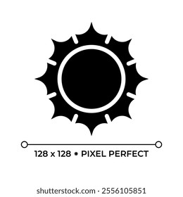 Sun black glyph icon. Symbol of sunny weather or summer. Clear sky. Weather forecast. Associated with hot days. Silhouette symbol on white space. Solid pictogram. Vector isolated illustration