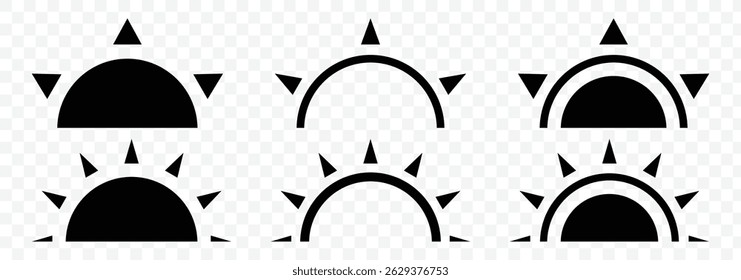 Sun black icon set. Suns icon collection in black color. Sunset icon collection. Sunshine sun icon vector illustration 