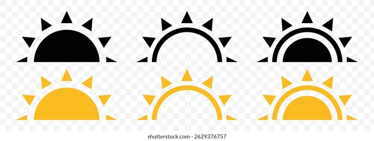 Conjunto de ícones preto-e-sol. Coleção de ícones do Suns na cor preta. Coleção de ícones de pôr do sol. Ilustração do vetor do ícone do sol da luz solar 
