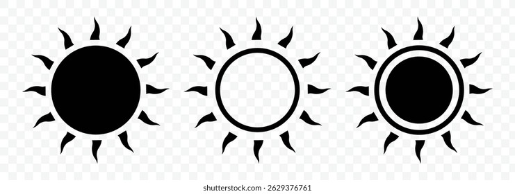 Conjunto de ícones preto-e-sol. Coleção de ícones do Suns na cor preta. Coleção de ícones de pôr do sol. Ilustração do vetor do ícone do sol da luz solar 