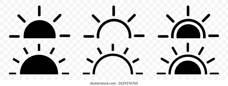 Sun black icon set. Suns icon collection in black color. Sunset icon collection. Sunshine sun icon vector illustration 
