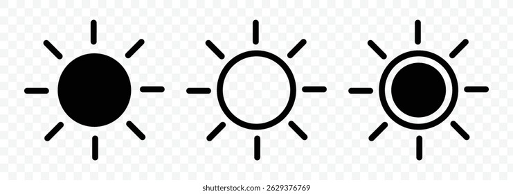 Sun black icon set. Suns icon collection in black color. Sunset icon collection. Sunshine sun icon vector illustration 