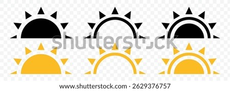 Sun black icon set. Suns icon collection in black color. Sunset icon collection. Sunshine sun icon vector illustration 