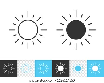 Sun black linear and silhouette icons. Thin line sign of sunny. Sunlight outline pictogram isolated on white, color, transparent background. Vector Icon shape. Sun shine weather simple symbol closeup