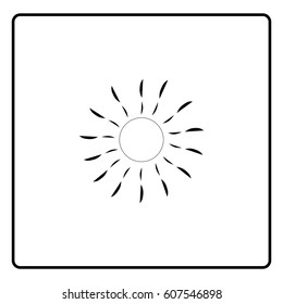 The sun black sign on white background. Black solar mark. Bright, sunny icon good mood. Isolated logo spring, summer. Symbol hot, warm, sunlight. Flat vector image. Design element Vector illustration.