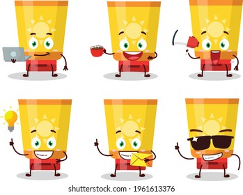 Sun block cartoon character with various types of business emoticons