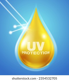 Las gotas líquidas de loción bloqueadas por el sol pueden bloquear los rayos UV y reflejar los rayos UV. Se utiliza para anunciar protectores solares, loción, suero, crema cutánea, cosméticos o líquido. Archivo de ilustración vectorial realista.