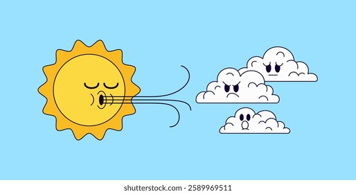 Sun blowing wind at clouds cartoon character illustration vector hand drawn  Great for weather apps, children’s books, or educational materials about nature