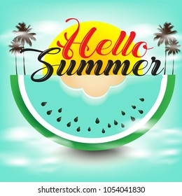 The Sun and Blue sea with beautiful Beach  in watermelon. Hello Summer. Vector illustration.