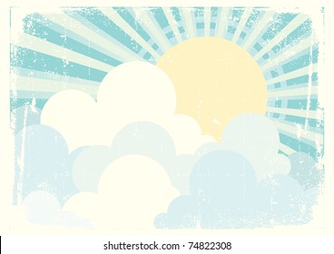 Sun and blue sky with beautiful clouds. Vintage vector image