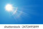 Sun in blue sky. Bright warm sun and lens flare in clear summer sky, sunlight with sunshine glare rays. Vector nature sunny spring landscape, bright sparkle burst