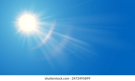 Sun in blue sky. Bright warm sun and lens flare in clear summer sky, sunlight with sunshine glare rays. Vector nature sunny spring landscape, bright sparkle burst