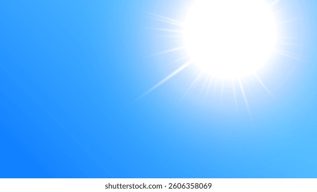 Sun in blue sky. Bright warm sun and lens flare in clear summer sky, sunlight with sunshine glare rays. Vector nature sunny spring landscape, bright sparkle burst
