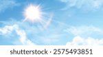 Sun in blue sky with clouds. Sunny summer day background, sunshine in spring cloudy heaven. Sunlight and cumulus effect. Realistic nature sky vector illustration.