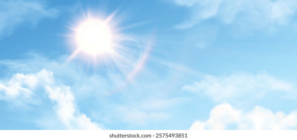 Sun in blue sky with clouds. Sunny summer day background, sunshine in spring cloudy heaven. Sunlight and cumulus effect. Realistic nature sky vector illustration.