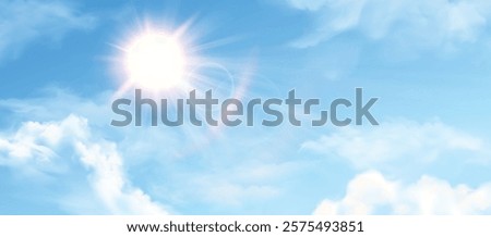 Sun in blue sky with clouds. Sunny summer day background, sunshine in spring cloudy heaven. Sunlight and cumulus effect. Realistic nature sky vector illustration.