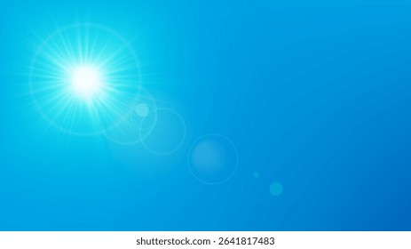 Sun in blue sky. Realistic bright white summer sun with radiant sunlight beams and lens flares shine on blue beautiful sky. Nature sunny hot day spring landscape. Weather forecast vector background.