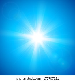 The sun in the blue sky. Vector illustration.