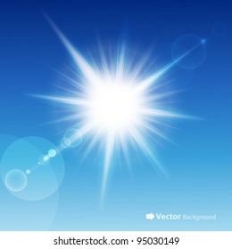 The sun in the blue sky. Vector illustration.