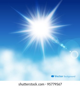 The sun in the blue sky. Vector illustration.