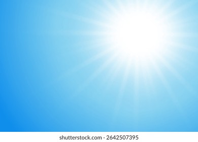 Sun in blue sky vector realistic background. Summer illustration of sunny day with clear sky and sunlight 