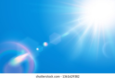 Sun in blue sky. Warm solar lens flare in clear skies, sunny day and sun light rays. Sunbeam ray, sunshine beam sparkle or peace sky vector illustration