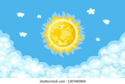 Sun in the blue sky and white clouds. Vector illustration of a sunny day or morning in cartoon flat style.