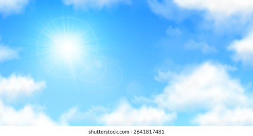 Sun in blue sky with white clouds. Bright glowing realistic sunlight shining and fluffy clouds on blue sky with lens flare. Peaceful sunshine cloudy hot weather. Sunny day vector background.
