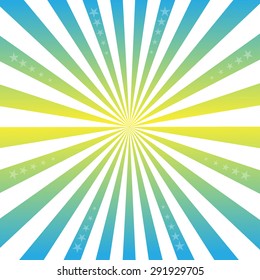 Sun blue yellow green rays burst with star on white background vintage style, vector illustration